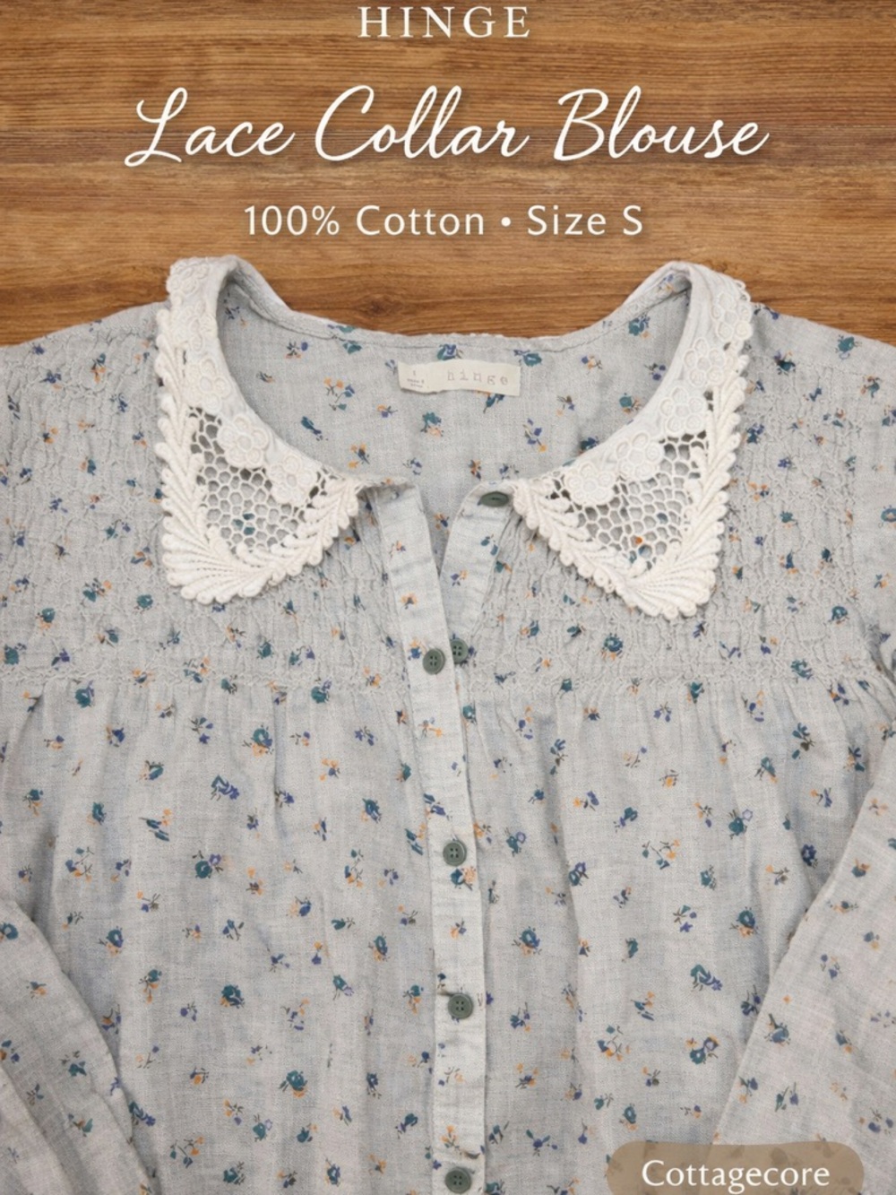 Hinge Lace Peter Pan Collar Floral 100% Cotton Button Front Blouse Size S